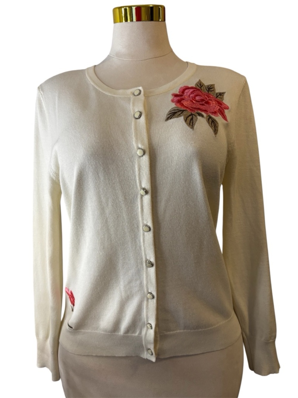 Melrose Chic Cream Cardigan XL Floral Rose Embroidered Knit Cottagecore Romantic